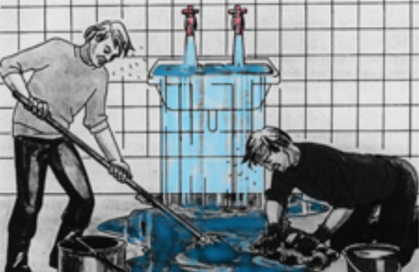 蛇口から水が勢いよくでており、洗面台から溢れた水を掃除する２人の人のイラスト
